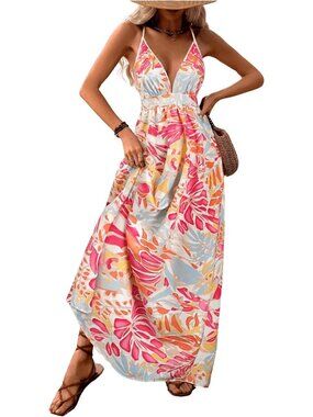 Women's Yellow Floral Boho Flowy Maxi Backless Summer Beach Wedding Guest Dress